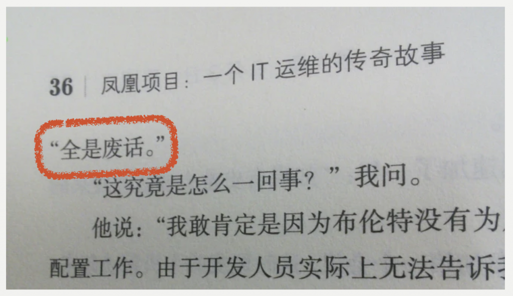 書籍《凤凰项目：一个 IT 运维的传奇故事》頁面截圖，其中「全是废话。」一句被紅色圓圈標記