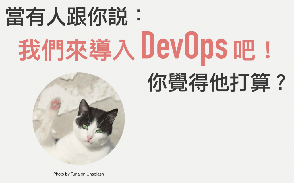 白底圖片配貓咪照片，文字寫「當有人跟你說：我們來導入 DevOps 吧！你覺得他打算？」