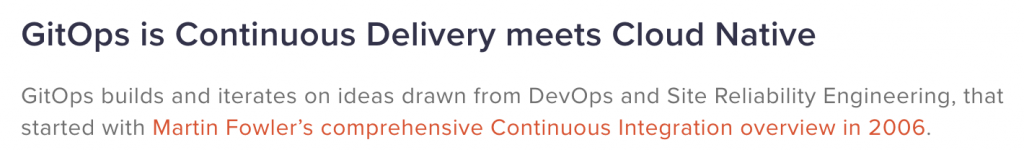 文字截圖：「GitOps is Continuous Delivery meets Cloud Native」，說明 GitOps 結合 DevOps 與 SRE 概念
