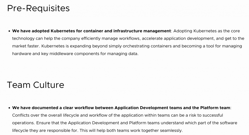 Platform Engineering 的 Pre-Requisites 與 Team Culture 說明文字截圖，強調採用 Kubernetes 作為核心技術，並建立 Application Development teams 與 Platform team 的清晰協作流程