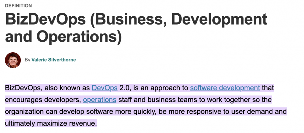 BizDevOps 定義截圖，說明 BizDevOps 鼓勵商業、開發者、維運團隊共同合作，讓軟體更快速交付並最大化收益
