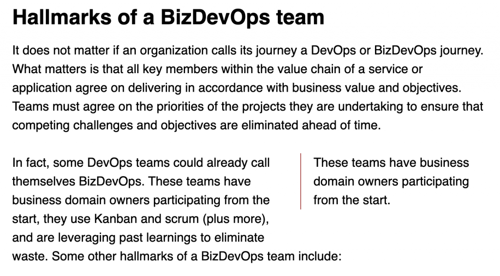 「Hallmarks of a BizDevOps team」文字截圖，說明 BizDevOps 團隊從一開始就納入商業領域專家參與，並善用 Kanban、Scrum 等精實方法