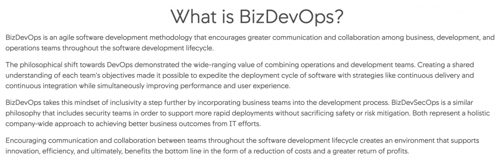 Atlassian 網頁截圖「What is BizDevOps?」，說明 BizDevOps 的哲學根源於 DevOps 對開發與維運整合的延伸，進一步納入商業端的持續整合