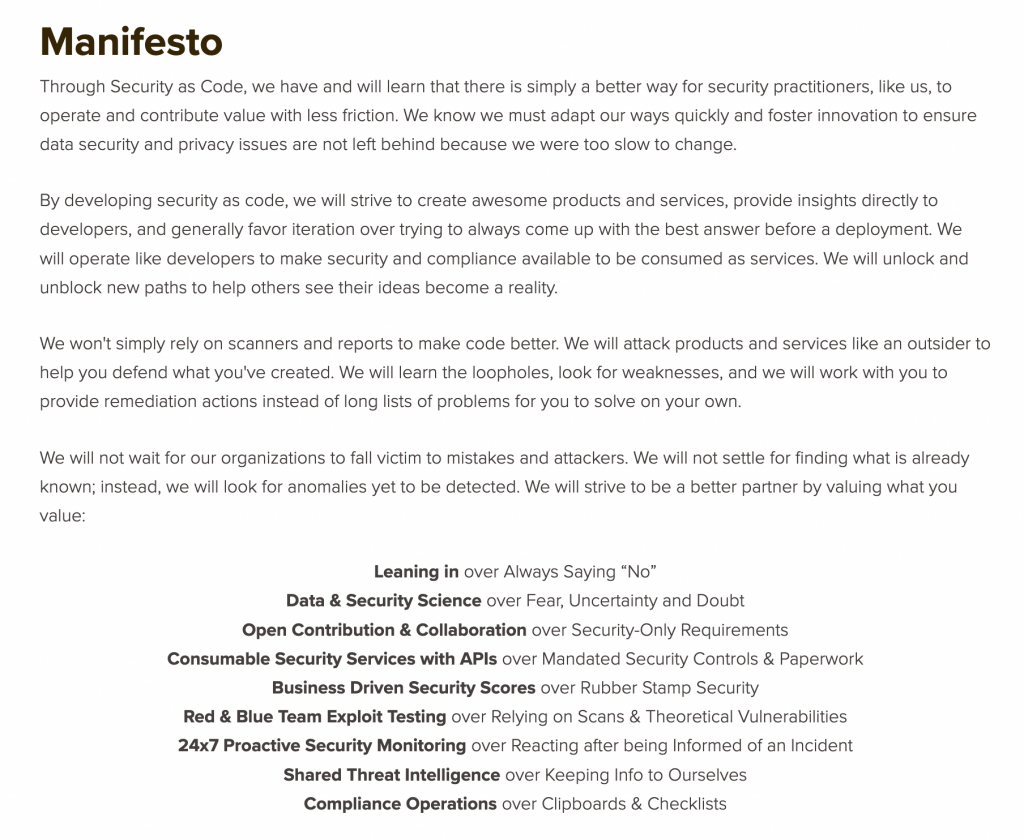 「Security as Code」宣言全文截圖，列出以開發者思維實踐安全工作的核心價值觀，包含 Leaning in、Data & Security Science、Open Contribution、Consumable Security Services with APIs 等對比原則